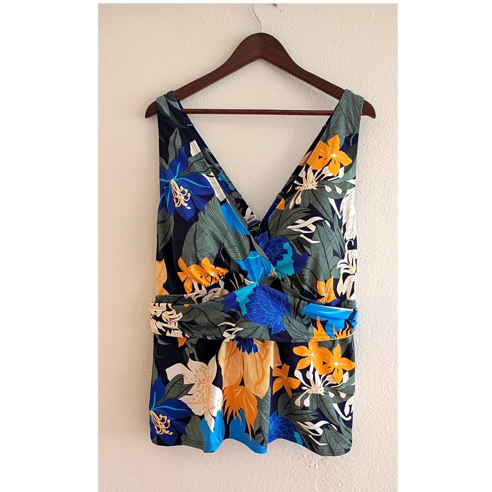 Lands End Tropical Floral Tankini Top Navy Blue Yellow‎ Surplice 3X 24W-26W NEW